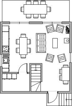 Plattegrond van de bovenverdieping met de zithoek, keuken en berging